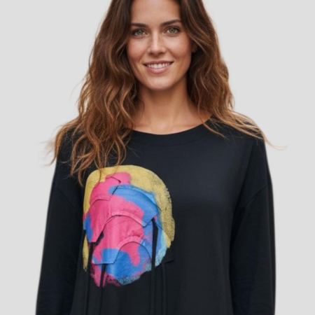 Rochie din Bumbac pe Fond Negru Tip Desigual cu Maneca Lunga [1]