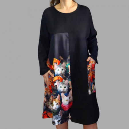 Rochie din bumbac cu imprimeu pisici multicolore si buzunar supradimensionat [1]