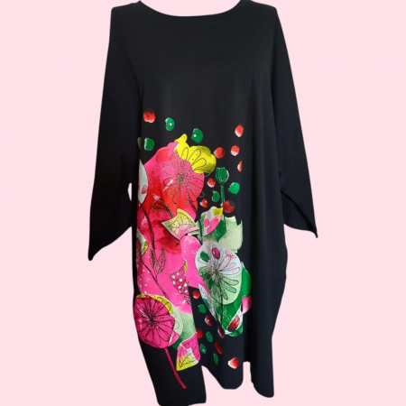 Rochii bumbac - Rochie din Bumbac pe Fond Negru cu Imprimeu Colorat si Straturi
