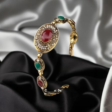 Bratara din Metal Gablont Auriu cu Pietre Colorate si Marcasite si Aspect Vintage [2]