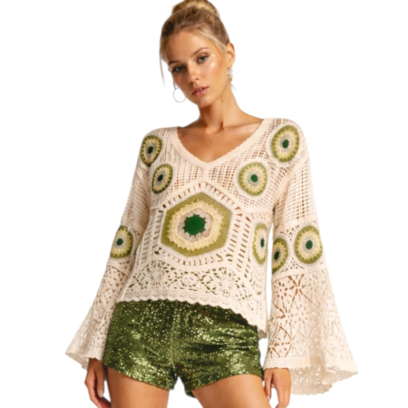 Bluza bumbac - Bluza crosetata boho chic cu cercuri verzi si maneci clopot