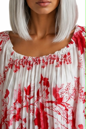 Rochie lunga plisata din satin cu imprimeu floral rosu [2]