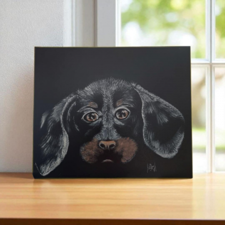 Decoratiuni pentru casa - Tablou hand made cu imagine catel scump pe fond negru
