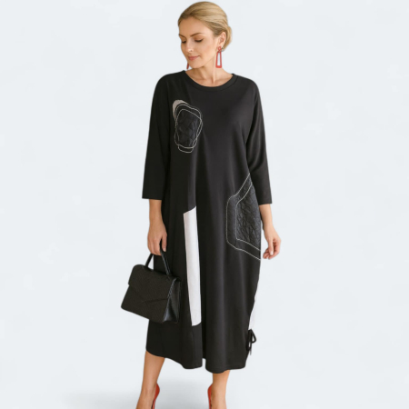 Rochii bumbac - Rochie neagra  din bumbac cu aplicatii albe si buzunare laterale