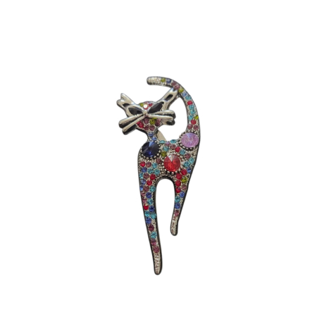 Brose pisici & Brelocuri pisici - Brosa in forma de pisica din metal argintiu inoxidabil cu pietre colorate