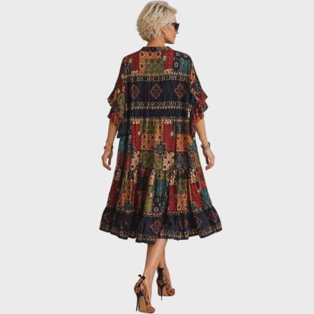 Rochie croi larg cu imprimeu  patchwork multicolor si volane [1]