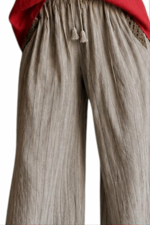 Pantaloni din bumbac grej cu dungi fine negre si elastic in talie [2]