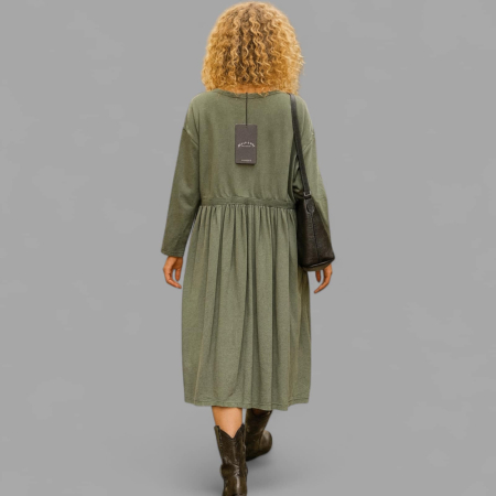 Rochie din bumbac verde kaki croi larg cu maneci lungi [1]