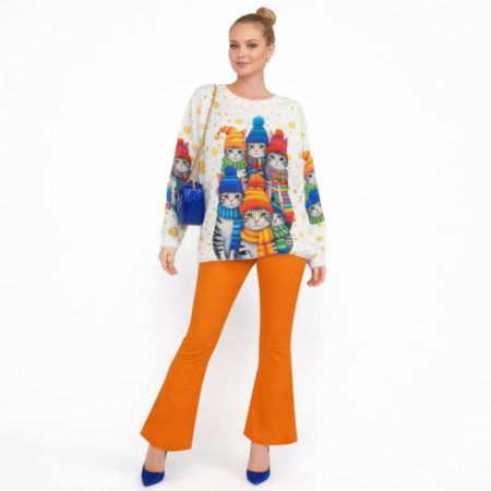 Pulover pentru sezon rece cu imprimeu pisici si maneci lungi [1]