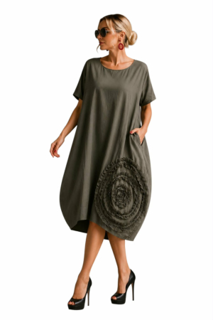 Rochii sezon cald - Rochie din bumbac verde kaki tip balon cu aplicatie in forma de floare