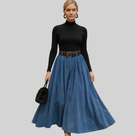 Fuste tricot & bumbac & - Fusta pantalon bleumarin din reiat fin si curea din piele ecologica