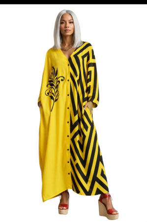 Rochii tip poncho/ kaftan - Kaftan din vascoza galben cu model negru