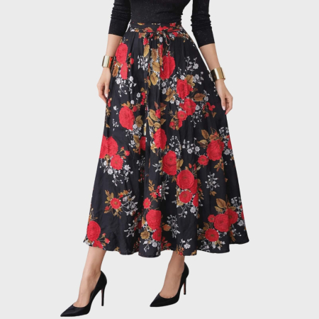Fusta usor clos pe fond negru cu imprimeu floral si banda elastica [2]