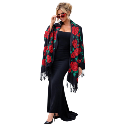 Esarfe/Saluri - Sal generos din casmir pe fond negru cu imprimeu flori