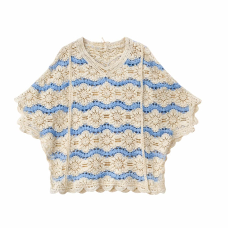 Bluza crosetata crem cu insertii bleu stil boho elegant [2]