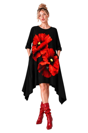 Rochii sezon rece - Rochie asimetrica cu impreu flori de mac si buzunare laterale