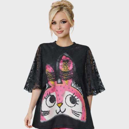 Bluza neagra cu dantele tip pelerina si desen iepuras cu paiete [2]