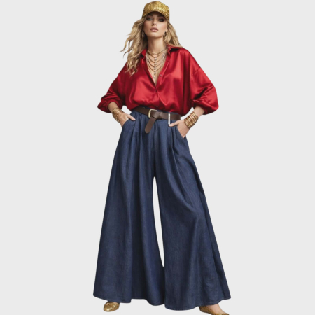 Fuste bumbac - Fusta pantalon largi din denim cu buzunare si curea in talie