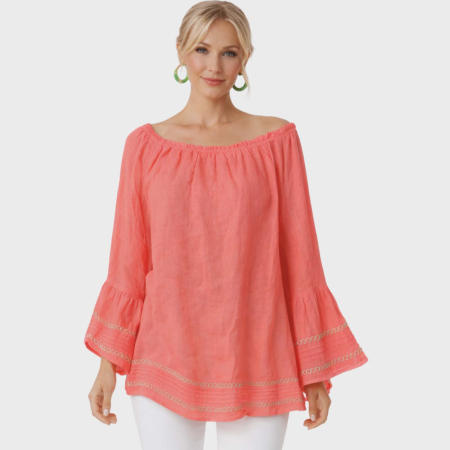 Bluze in - Bluza roz din in croi larg si volane la maneci