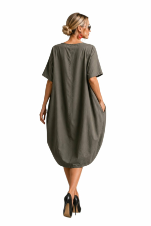 Rochie din bumbac verde kaki tip balon cu aplicatie in forma de floare [2]