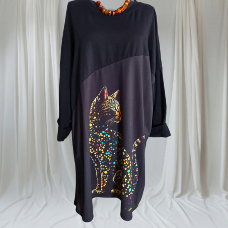 Imbracaminte desene pisici - rochie-din-bumbac-pentru-marime-mare-cu-imprimeu-pisica-colorata