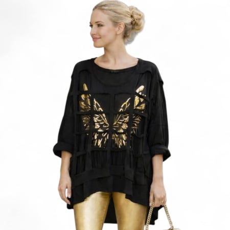 Promotii sezon rece - Bluza din bumbac cu desen fluturi aurii pentru marime mare