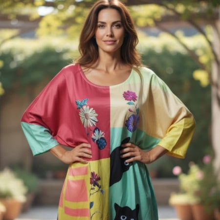 Bluza asimetrica cu print artistic cu pisici si flori [2]