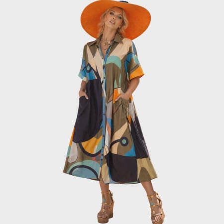 Rochii bumbac - Rochie din bumbac tip camasa cu imprimeu abstract si buzunare laterale