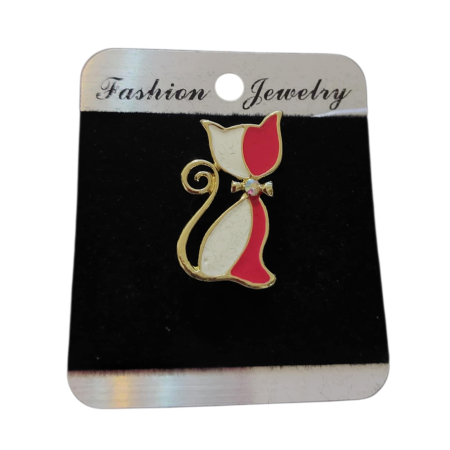 Brose pisici & Brelocuri pisici - Brosa din metal inoxidabil auriu in forma de pisica in alb si rosu