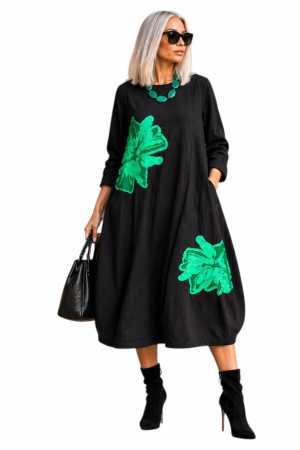 Rochii bumbac - Rochie din bumbac usor balon cu pense si aplicatie florala