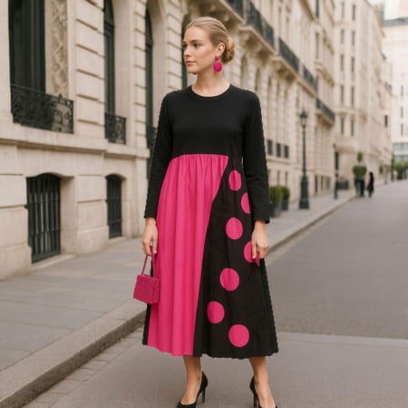 Rochii bumbac - Rochie din bumbac maxi cu buline ciclam si maneca lunga