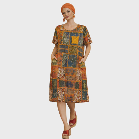 Rochii bumbac - Rochie din bumbac croi larg tip patchwork cu detaliu macrame