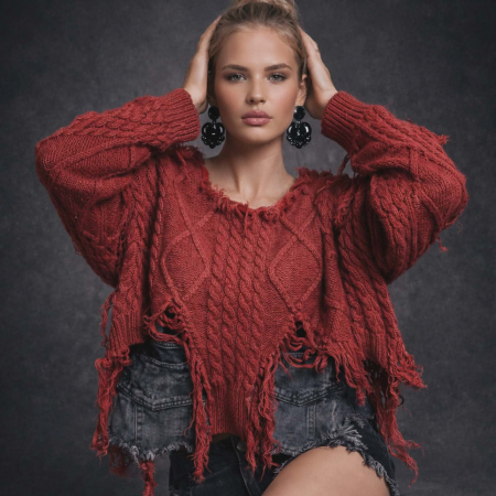 Bluze sezon rece & pulovere - Pulover rosu din tricot gros cu spatele din denim si detalii zdrenturoase