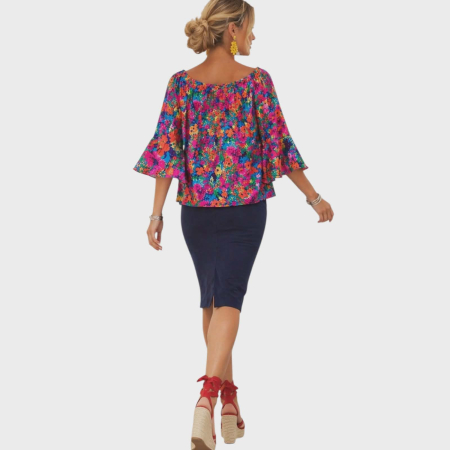 Bluza din bumbac cu elastic la decolteu si volane la maneci [2]