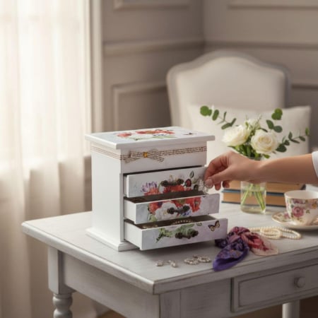 Decoratiuni pentru casa - Cutie alba din lemn pentru bijuterii cu design floral tip Provence