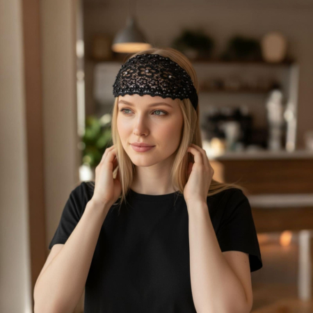 Bentite - Bentita neagra din dantela pe elastic cu model floral si pietre argintii