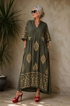 Rochii vascoza - Rochie din vascoza verde kaki cu fir lame auriu