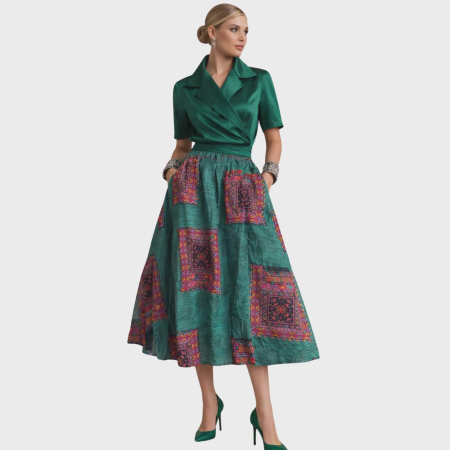 Imbracaminte - Fusta din bumbac  pe fond verde in stil boho cu buzunare si elastic in talie