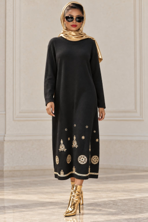 Rochii din tricot - Rochie tricot neagra cu paiete aurii in partea de jos