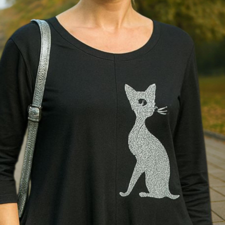 Rochie neagra din bumbac asimetrica cu pisica argintie cu sclipici argintiu [1]