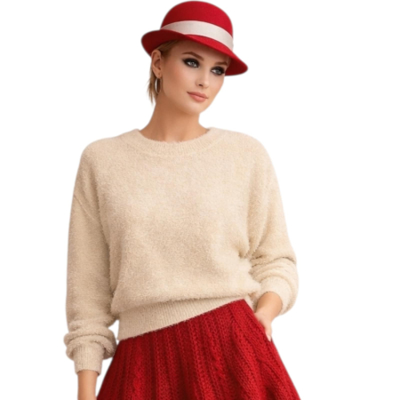 Pulovere - Pulover crem si sclipici fin pentru iarna cu maneca lunga