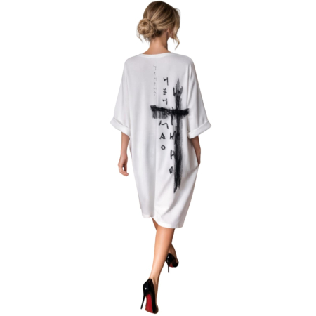 Rochie pe fond alb  cu aplicatie tulle si imprimeu alb [1]