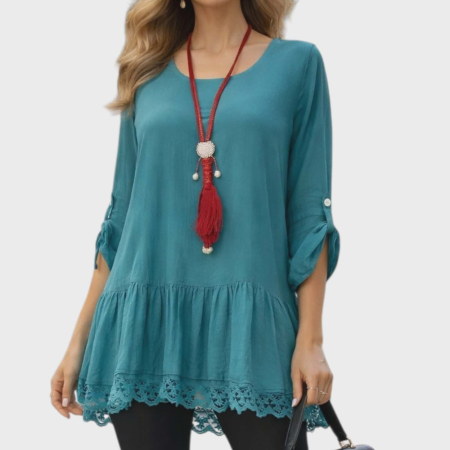 Bluza din matase si vascoza albastru turcoaza cu dantela la tiv [1]