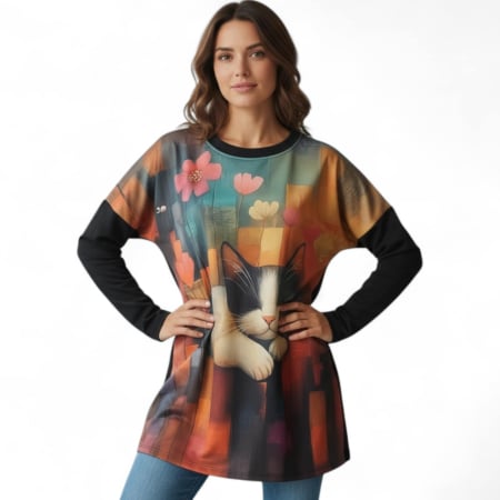 Multe  chestii pisicoase - Tunica pentru colanti cu imprimeu artistic pisica si flori