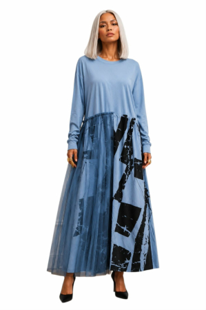 Rochii bumbac - Rochie din bumbac albastra cu tulle si imprimeu abstract