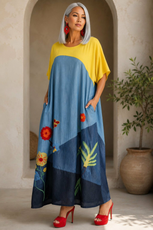 Imbracaminte - Rochie din bumbac si denim pentru marime mare cu buzunare laterale