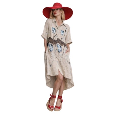 Rochii in - Rochie lunga asimetrica din in tip camasa cu imprimeu floral