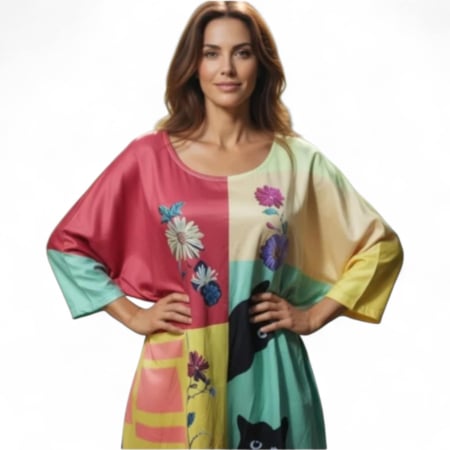 Bluze /pulovere pisica - Bluza asimetrica cu print artistic cu pisici si flori