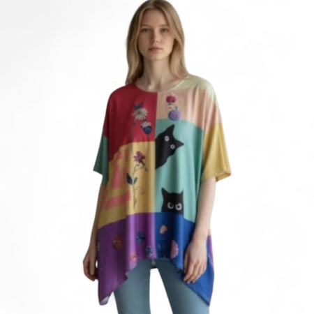 Bluza asimetrica cu print artistic cu pisici si flori [4]