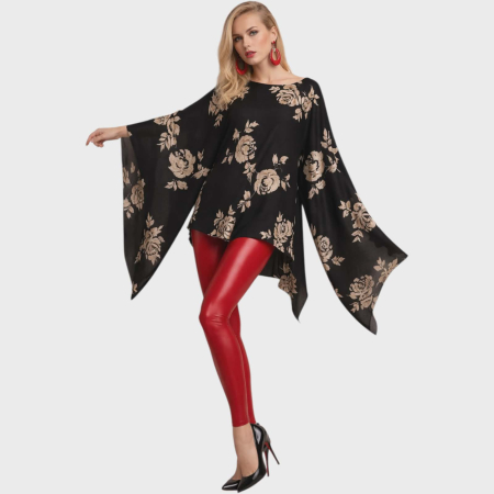 Bluza asimetrica din vascoza pe fond negru  cu maneci tip kimono